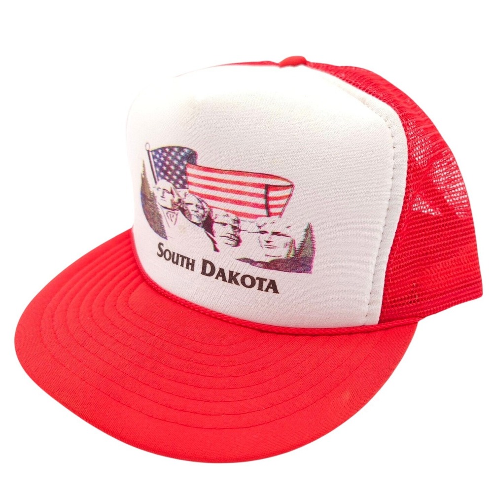 Mount Rushmore South Dakota Snapback Mesh Trucker Rope Hat Red Nissin Cap VTG